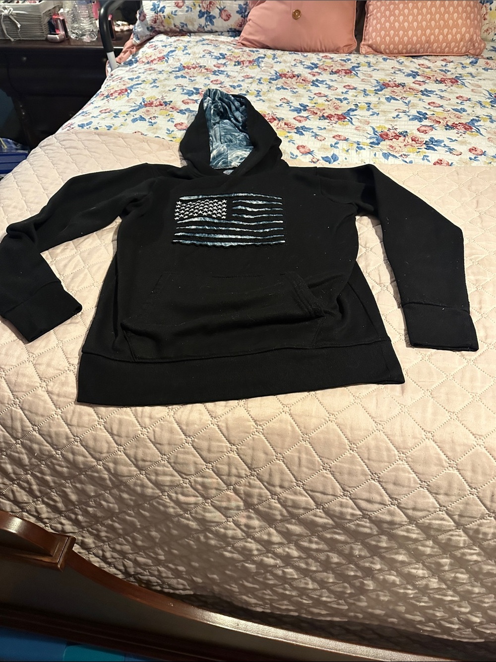 Mossy Oak Black Hoodie with Blue Camo Liner and Flag Graphic
